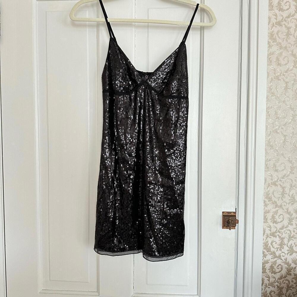 Victoria’s Secret The Lacie Black Sequined / Lace Empire Slip Chemise Nightie M